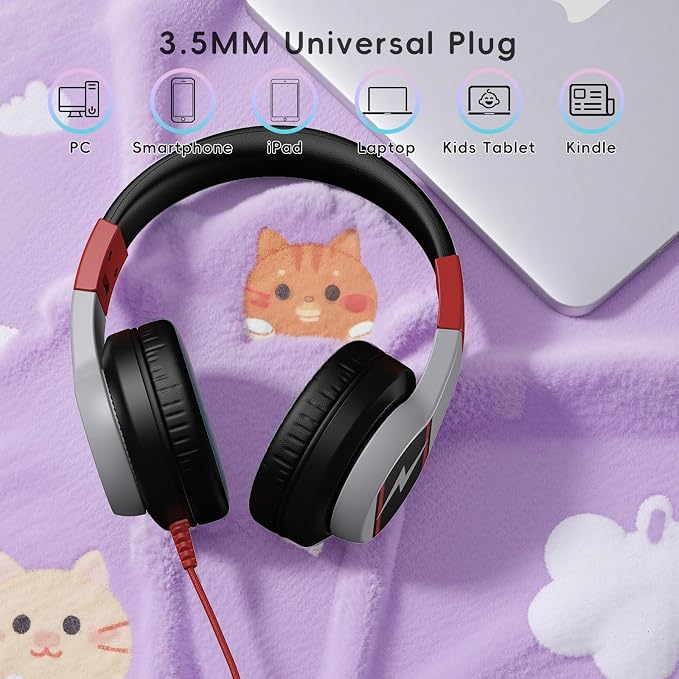 Candy Bila Kids Headphones, Wired Headphones for Kids Over Ear with Microphone, 85/94dB Volume Headphone for Girls Boys, Foldable Headphone for Learning & Entertainment, Black and Red