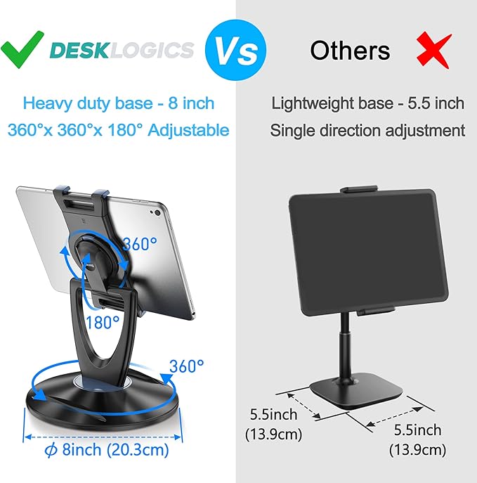 iPad Tablet Stand Holder for Desk - 6 inch to 13 inch - Stable, Adjustable - 360° Swivel Angle Pen Phone iPad Stand for Store, Retail Kiosk, Reception, Home Office, Gift Ideas - Black