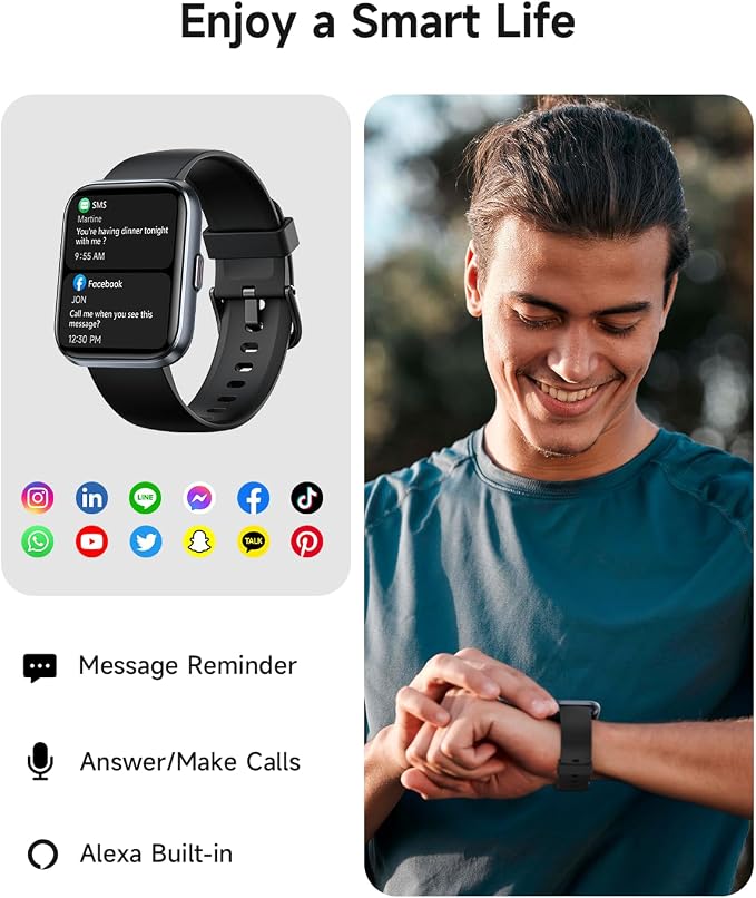 Woneligo Smart Watch for Women, Answer/Make Calls, Alexa Built-in, 1.85" Touch Screen Fitness Tracker for Android & iPhone, Heart Rate/Sleep/SpO2 Monitor Smartwatch, Waterproof (Black)