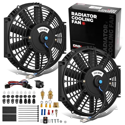 DNA Motoring 2pcs 12Inch Electric Radiator Cooling Fan Thermostat Wiring Switch Relay Kit, Universal High Performance Slim Fan Push Pull Electric Radiator with Mount Kit, RAF-12X2+SW-KIT