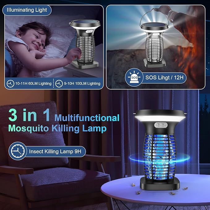 PhatroyYee Solar Bug Zapper Outdoor, 3-in-1 Mosquito Zapper Outdoor Solar Powered, Cordless Electric Bug Zapper Indoor with Night Light, Waterproof Fly Zapper for Patio Backyard Home Kitchen Camping