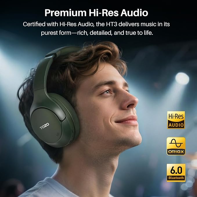 TOZO HT3 Hybrid Noise Cancelling Headphones, 90H Battery Life Wireless Over Ear Bluetooth 6.0 Foldable Headset, AI Voice Assistant with 5 Mics, Connect 2 Devices and Hi-Res Sound, 32 EQ Audio Presets