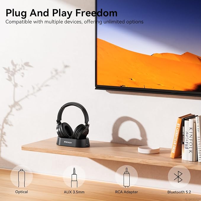 Wireless Headphones for TV Watching, TV Headphones Wireless for Seniors with Transmitter Charging Base, Over Ear Bluetooth Headset No Audio Delay, HiFi Stereo, 65H Playtime, Gifts for Parents/Elderly