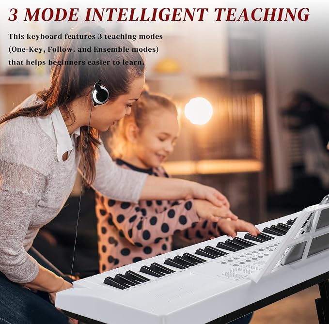Ktaxon 61 Key Keyboard Piano Electric Keyboard w/Lighted Keys, Electric Piano Set with Headphones, Microphone, Music Rest, Power Adapter, Stand, Piano Bench and Manual (Full-White)
