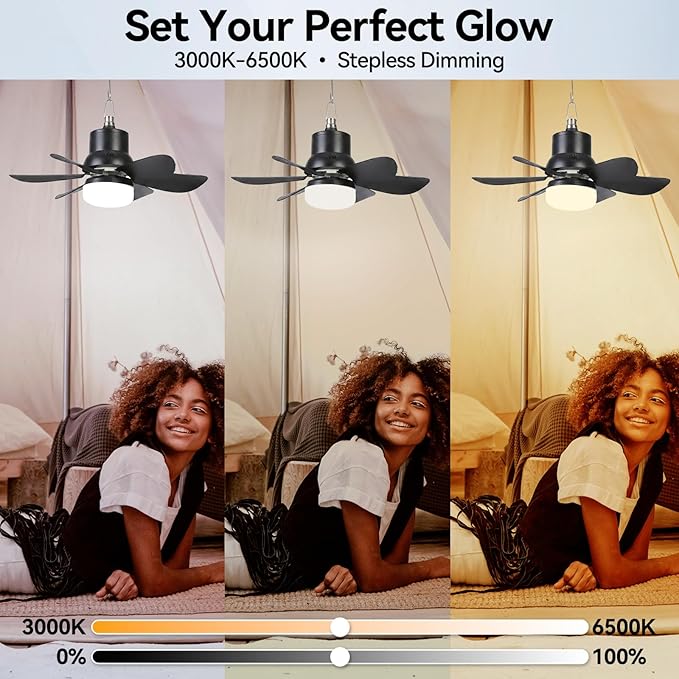 Portable Solar Ceiling Fan with Lights,18.5in Outdoor Fan with Foldable Solar Panel, Remote Control Stepless Dimmable, Timer, 3 Speeds 30dB, Tool-Free Setup for Camping Greenhouse Chicken Coop, Black