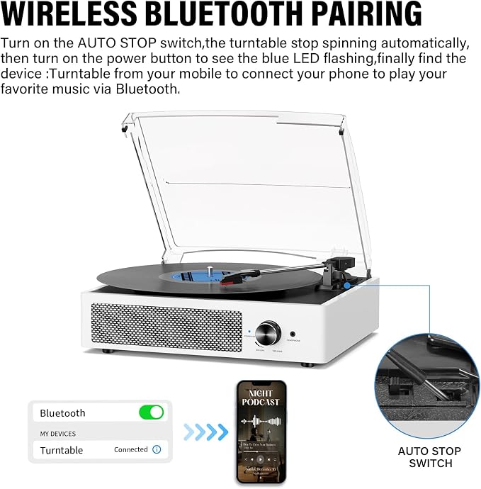 Record Player with Speakers Vintage Belt-Driven Turntable Bluetooth 3 Speed 3 Size Wireless Playback AUX-in RCA Out Headphone LP Vinyl Players Auto Stop Fashion White