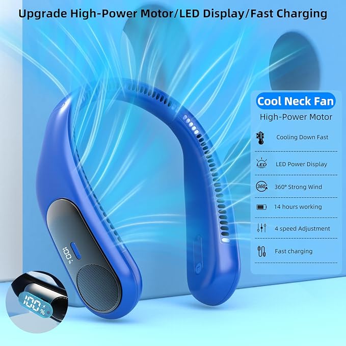 Portable Neck Fan, Personal Wearable Bladeless Fan for Outdoor Indoor, LED Display, 360° Cooling, 4-Speeds, 6000mAh USB Rechargeable, Birthday Gifts for Men Women Dad Mom (Navy)