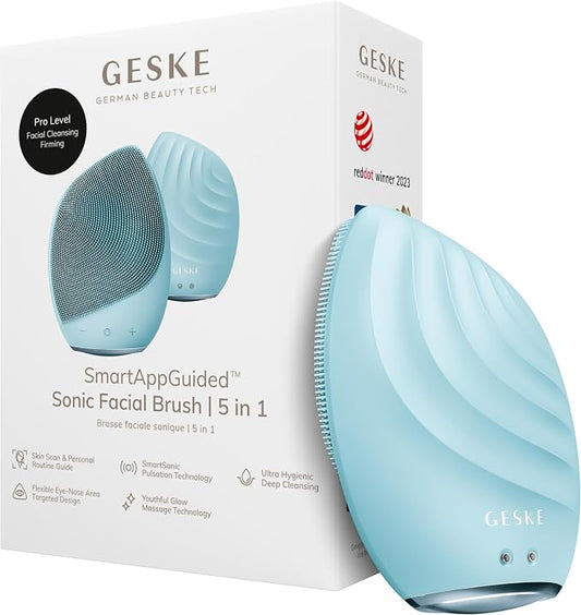 GESKE SmartAppGuided Sonic Facial Brush 5 in 1 | Vibrating Electric Cleansing Brush | Soft Silicone | Professional Cleanser | Skin Exfoliator | Face Massager