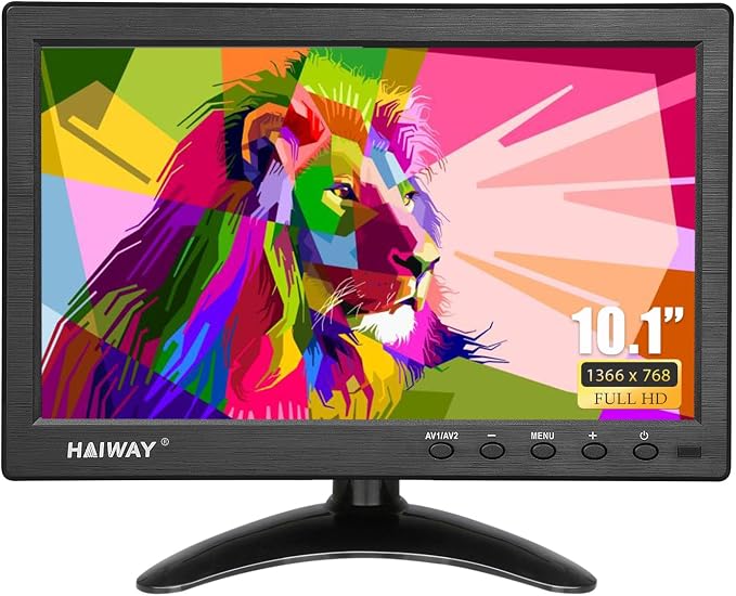 Haiway 10.1 inch Security Monitor, 1366x768 Resolution Small HDMI Monitor Small Computer Monitors with Remote Control with Built-in Dual Speakers HDMI VGA BNC USB Input for Gaming CCTV Raspberry Pi PC