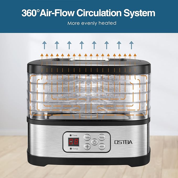 OSTBA Food Dehydrator Machine Adjustable Temperature & 72H Timer, 5-Tray Dehydrators for Food and Jerky, Fruit, Dog Treats, Herbs, Snacks, LED Display, 240W Electric Food Dryer, Recipe Book