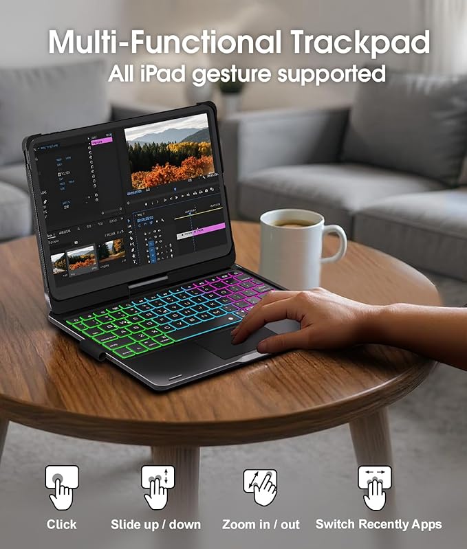 Baisla iPad 10th Generation Case with Keyboard 10.9" & iPad 11th (A16) & iPad Air 11 (M4/M3/M2), Multi Trackpad, 360 Swivel & Rainbow Backlit for iPad Air 5th/4th,iPad Pro 11 4th/3rd/2nd/1st - Black