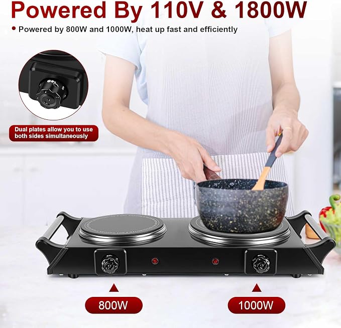 1800W Electric Double Burner, Portable Electric Stove, Hot Plate Countertop with Adjustable Temperature & Stay Cool Handles for RV Camping Home Dorm