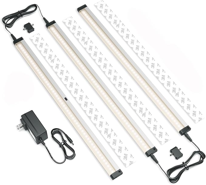EShine Hand Wave Activated Under Cabinet LED Lighting Kit, Dimmable, 3-Pack 20 in - Touchless Dimming Control, Black Under Counter Lights for Kitchen, Garage, Office, Desk - Warm White (3000K)