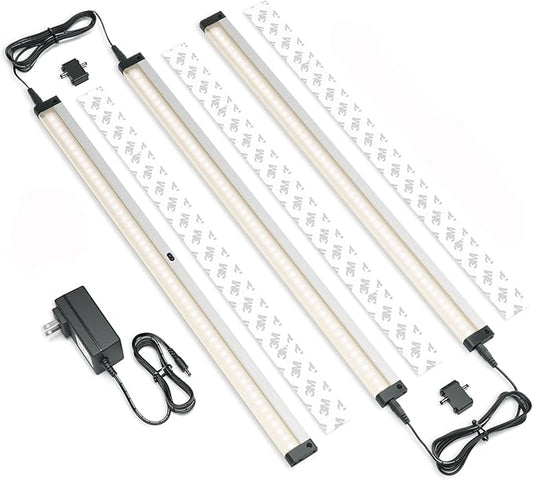EShine Hand Wave Activated Under Cabinet LED Lighting Kit, Dimmable, 3-Pack 20 in - Touchless Dimming Control, Black Under Counter Lights for Kitchen, Garage, Office, Desk - Warm White (3000K)