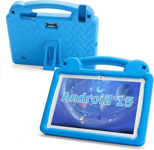 Kids Tablet 10 Inch, Android 15 Tablet for Kids, A523 Octa-Core, 8GB+64GB, 1TB Expandable, WiFi 6 (2.4G+5G), EVA Case with Stand, Blue
