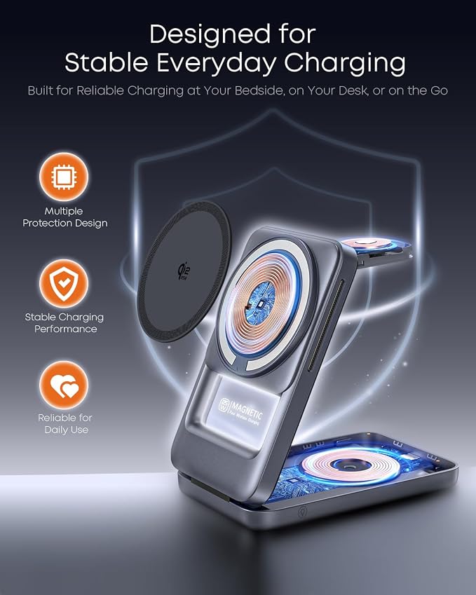 Qi2.2 25W 3-in-1 Foldable Magnetic Wireless Charger for iPhone, Night Light | Compatible with iPhone 17/16/15/14/13/12, Apple Watch & AirPods, 45W Adapter + 5A Cable, Case-Friendly up to 3 mm