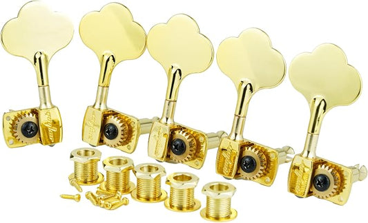 Guyker Bass Tuners (4R + 1L) - 1:22 Ratio Gear Open Frame Bass Drop Locking Machine Head Tuning Key Pegs Replacement for Electric Jazz Guitar Bass or Precision Instruments, BB100 Gold