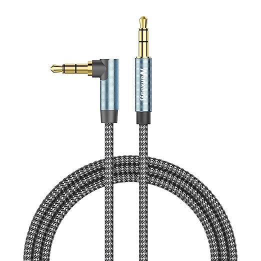 AUX Cord 6ft, 3.5mm Stereo Audio Cable 90 Degree Right Angle Nylon Braided Male to Male for Car, Headphones, Speaker, PS4/PS5, PC, Tablets - Hi-Fi Sound Portable TRS Auxiliary Cable