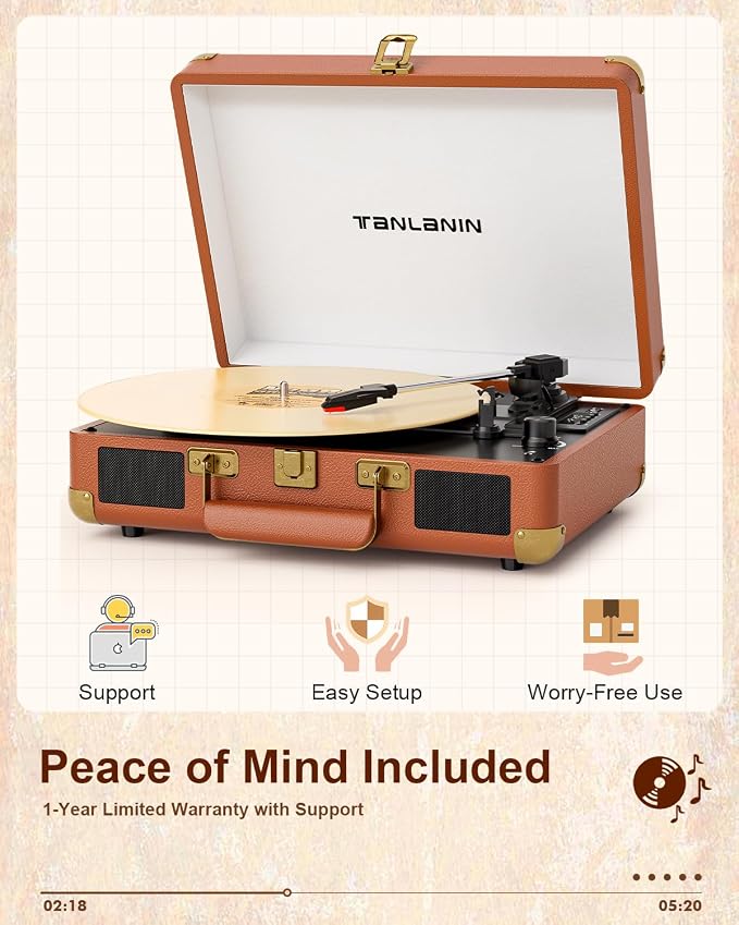 Vinyl Record Player Bluetooth Vintage 3-Speed Portable Suitcase Turntables with Built-in Speakers, Belt-Driven LP Player Support USB Recording AUX-in RCA Line Out Headphone Jack, Brown