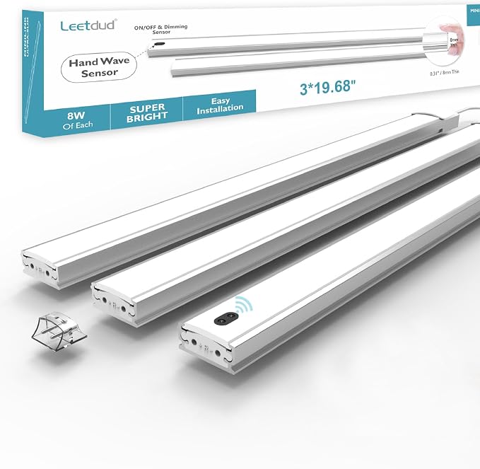 Leetdud Hand Wave Under Cabinet LED Lighting Plug in, 20 Inch 3 Pcs Dimmable Linkable Ultra Thin Aluminum Alloy Housing, 4000K Natural White Motion Sensor Counter Lights for Kitchen, Shelf, Cupboard