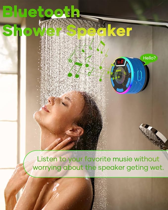 ssuowao Bluetooth Shower Speaker, IPX7 Waterproof Portable Speakers with LED Display, FM Radio, Suction Cup, Built-in Mic, Mini Speaker for Bathroom Travel Pool Beach