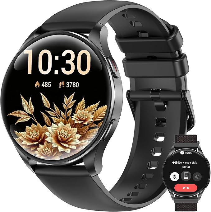 IOWODO Smart Watch for Women Men, 1.43" AMOLED Ultra-Clear Screen Fitness Tracker with HeartRate/Sleep Monitor, 21Languages, Answer/Make Calls,Waterproof Smartwatch for Android and iPhone (2 Straps)