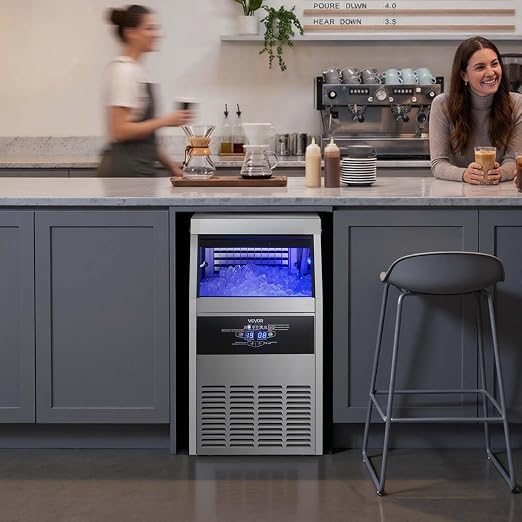 VEVOR Commercial Ice Maker Machine, 130 lbs/24h with 16-30 lbs Storage Capacity, Built-in/Freestanding/Under Counter, Stainless Steel Ice Maker with LED Display & Self-Cleaning, Home Bar Restaurant