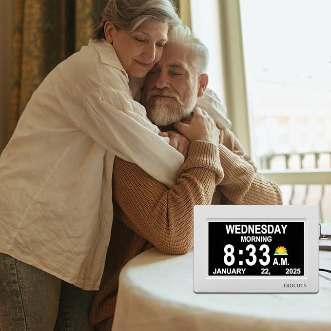 TROCOTN Dementia Clocks, Large Display Calendar Alarm Clock with Auto DST for Seniors, 5 Display Modes Large Font Digital Clock with Custom Alarms Day Date Clocks. (7 Inch White)