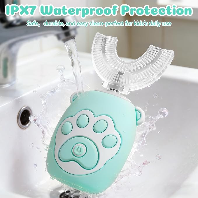 Kids U Shaped Electric Toothbrush for Age 2-12, Rechargeable Toddler Toothbrush with Smart Timer & 3 Clean Modes, Cat's Claw Design, IPX7 Waterproof, 3 Brush Heads & 360°Cleaning