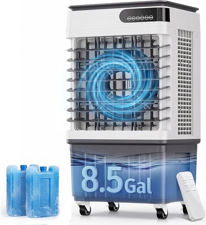 Portable Evaporative Cooler, Swamp Cooler Air Conditioner 8 Gal Water Tank | 2500 CFM, 120° Oscillation, 3 Speeds&Modes,12H Timer, Remote&Touch,4 Ice Packs, for Garage, Large Room, Dry Climate