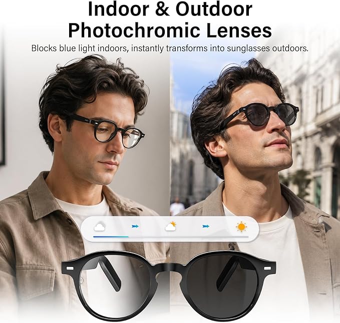 GetD 2026 AI Smart Glasses for Men Women, Translation Glasses with ChatGPT 145 Language, Photochromic Lenses, Bluetooth Glasses 11H Music Play /9H Call for Travel Daily Use