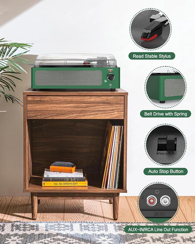 Vinyl Record Player with Speakers & Wireless Receiver Turntable for Vinyl Records 3 Speed 3 Size LP Player Portable Turn Table Vinyls Records Players Headphone AUX RCA Auto Stop New Sleek Dark Green