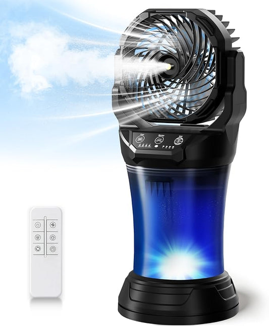 LanSuper Misting Fan, Portable Misting Fan with Light & 2L Water Tank, 30000mAh Battery Powered Misting Camping Fan, Rechargeable Mist Fan with Remote & Timer, 4 Speeds & Spray, 120° Auto Oscillating