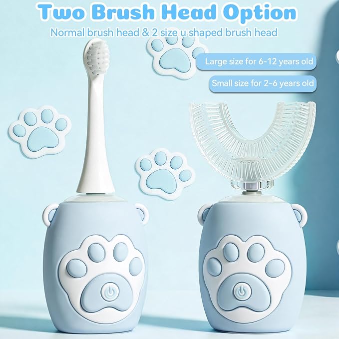 Kids U Shaped Electric Toothbrush for Age 2-12, Rechargeable Toddler Toothbrush with Smart Timer & 3 Clean Modes, Cat's Claw Design, IPX7 Waterproof, 3 Brush Heads & 360°Cleaning