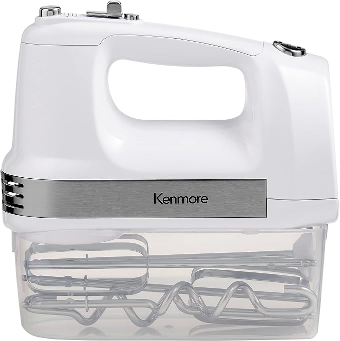 Kenmore 5-Speed Hand Mixer/Blender, 250 Watts, with Beaters, Dough Hooks, Liquid Blending Rod, Automatic Cord Retract, Burst Control, and Clip-On Accessory Storage