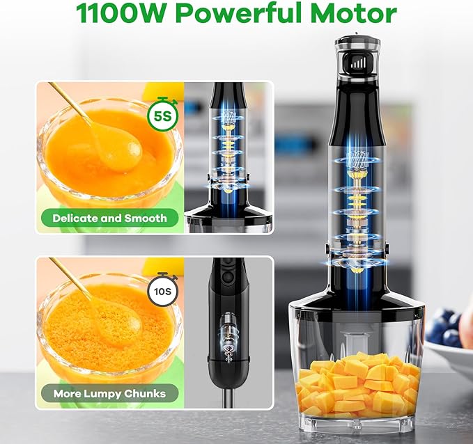 Turelar Immersion Blender Handheld Corded Hand Blenders Set 1100W, Trigger Variable Speed 5 in 1 Stick Emulsifier with Chopper, Whisk and Frother for Soup, Baby Food and Smoothies,Black