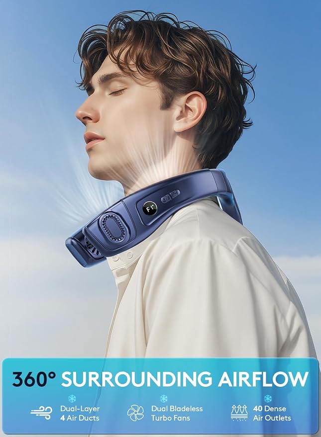 Portable Neck Air Conditioner, Upward & Downward Back Airflow Wearable Fan, Large Cooling Plate, 6000mAh Battery, Lightweight Bladeless Neck Fan for Golf, Travel, Outdoor Work (Dark Blue)