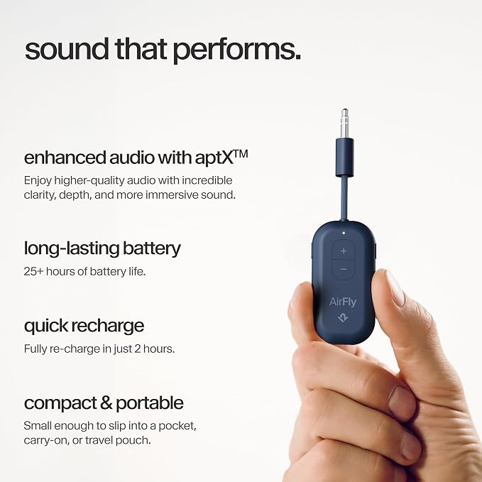 Twelve South AirFly Pro 2 Bluetooth 5.0 Transmitter/Receiver for TV to 2 Wireless Headphones – Wireless Adapter for AirPods, Car, Gym, Home, Use with Any 3.5 mm Audio Jack, Blue