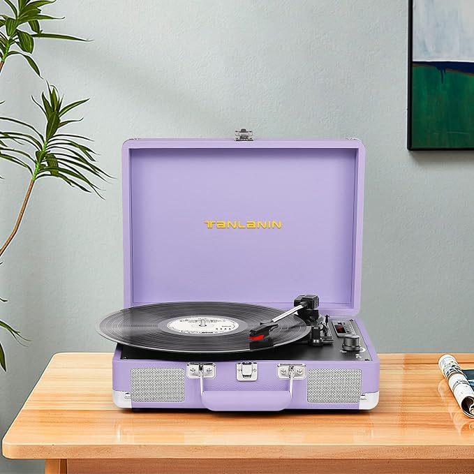 Vinyl Record Player with Built-in Speakers Vintage 3-Speed Portable Suitcase Bluetooth Turntables with USB Recording Belt-Driven LP Player Support AUX/RCA/Headphone Jack, Purple Leather