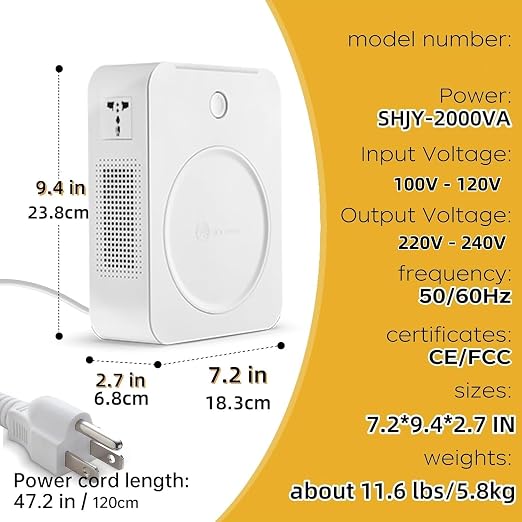 SUNSHUN 2000W 110v to 220v Converter Step Up Voltage Transformer 110v/120V to 220V/240V with 2 Output Sockets for Europe Asia Appliances Used in US 2000 Watts White