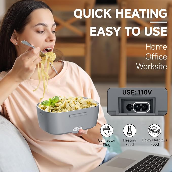 Sitlais Electric Lunch Box for Adults - Fast Heating Portable Food Warmer with 2 of 53oz 304 Stainless Steel Containers 12V/24V/110V Heated Lunch Box for Men&Women Work Office Truck Travel lonchera