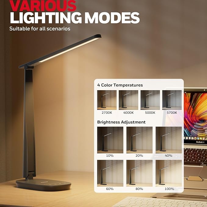 Honeywell HWT-H2 LED Desk Lamp for Home Office, CRI94 Full Spectrum Eye-Caring Light, Dimmable Table Lamp with USB-A & USB-C Charging Ports, Foldable Touch Control Reading Lamp, Black