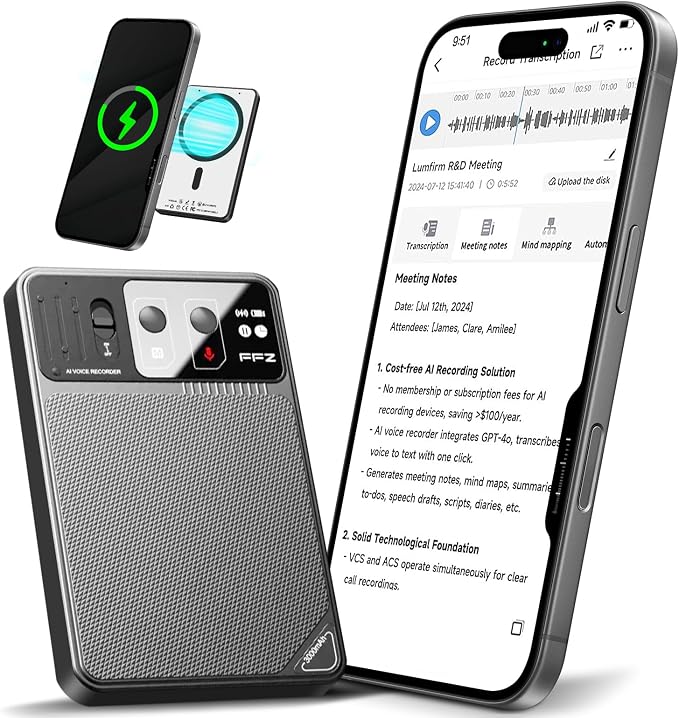 AI Voice Recorder with Lifetime Free Transcription - ChatGPT Powered 107 Languages Translator, 64GB Smart Recorder with App Control for Meetings/Lectures, 60H Battery & Military Encryption (Grey)