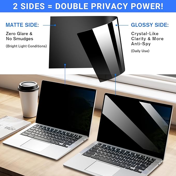 ZOEGAA 4-way 360° Privacy Screen For 14 Inch 16:10 Laptop That Screen Size is 11.9 in Wide and 7.4 in High. Removable Privacy Screen For Laptop Monitor, Anti Glare And Blue Light, Compatible With HP Dell Lenovo Asus Samsung Acer Thinkpad