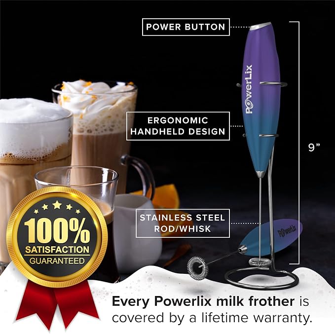 PowerLix Powerful Handheld Milk Frother With Stand Battery Operated Foam Maker Frother Wand For Coffee (A Black) (Purple Turqoise)