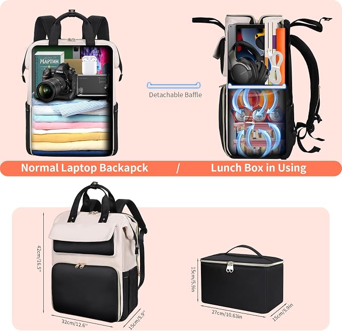 BERTASCHE Lunch Backpack for Women, 17.3 Inch Laptop Backpack with Insulated Cooler Lunch box, Nurse Backpack for Teacher Work Travel College Picnic, Black-Beige