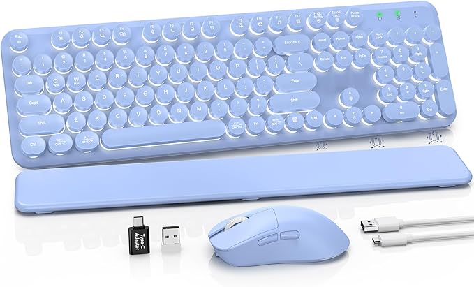 Wireless Keyboard and Mouse Combo, Backlit Round Keycaps, Retro Typewriter Keyboard with Detachable Wrist Rest, Rechargeable & Tilt Legs, 2.4GHz Cordless Connection for Windows/PC (Glowing Purple)
