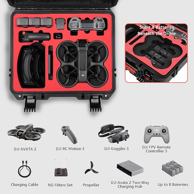 Waterproof Hard Case for DJI Avata 2 Fly More Combo | Fits DJI Goggles 3 (Not for Goggles N3)/ RC Motion 3 / FPV Remote Controller 3 and Accessories | Up to 8 Batteries | Shockproof, Dustproof
