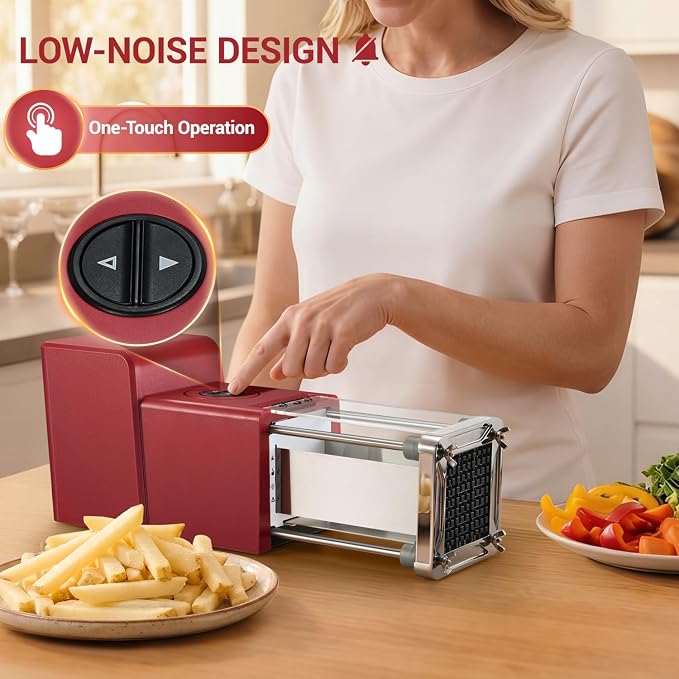 Sopito French Fry Cutter Electric Vegetable Slicer Stainless Steel with 3 Blades 1/4 3/8 1/2 Inch for Potatoes, Carrots, Cucumbers & Onions, Red