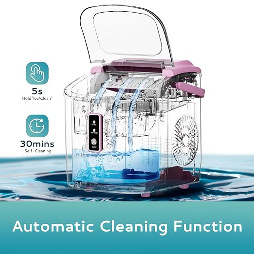 EUHOMY Countertop Ice Maker Machine with Handle, 26.5lbs Per Day, 9 Cubes in 6 Mins, Auto-Cleaning Portable Ice Maker with Basket and Scoop, for Home/Kitchen/Camping/RV (Pink)